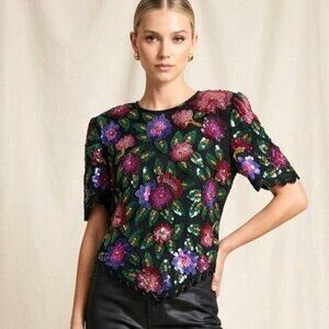 VTG Laurence Kazar Silk Beaded Top XL Floral Colorful
